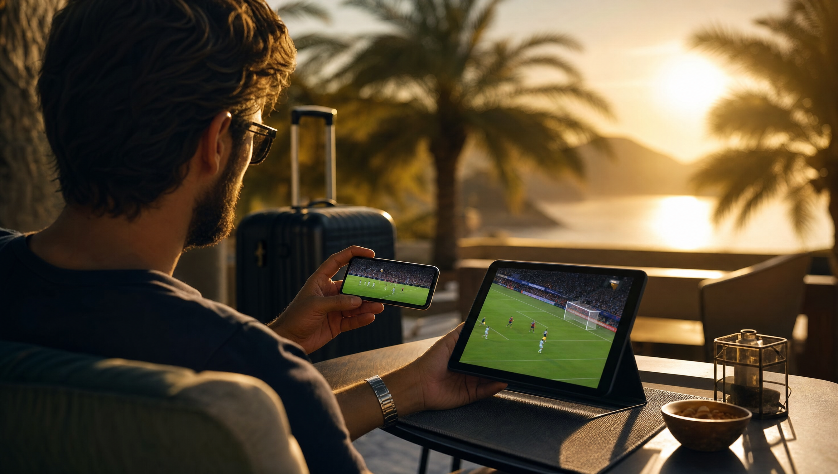 Suisse en vacances regardant la Coupe du Monde 2026 en 4K sur sa tablette à l'étranger avec Strong 8K