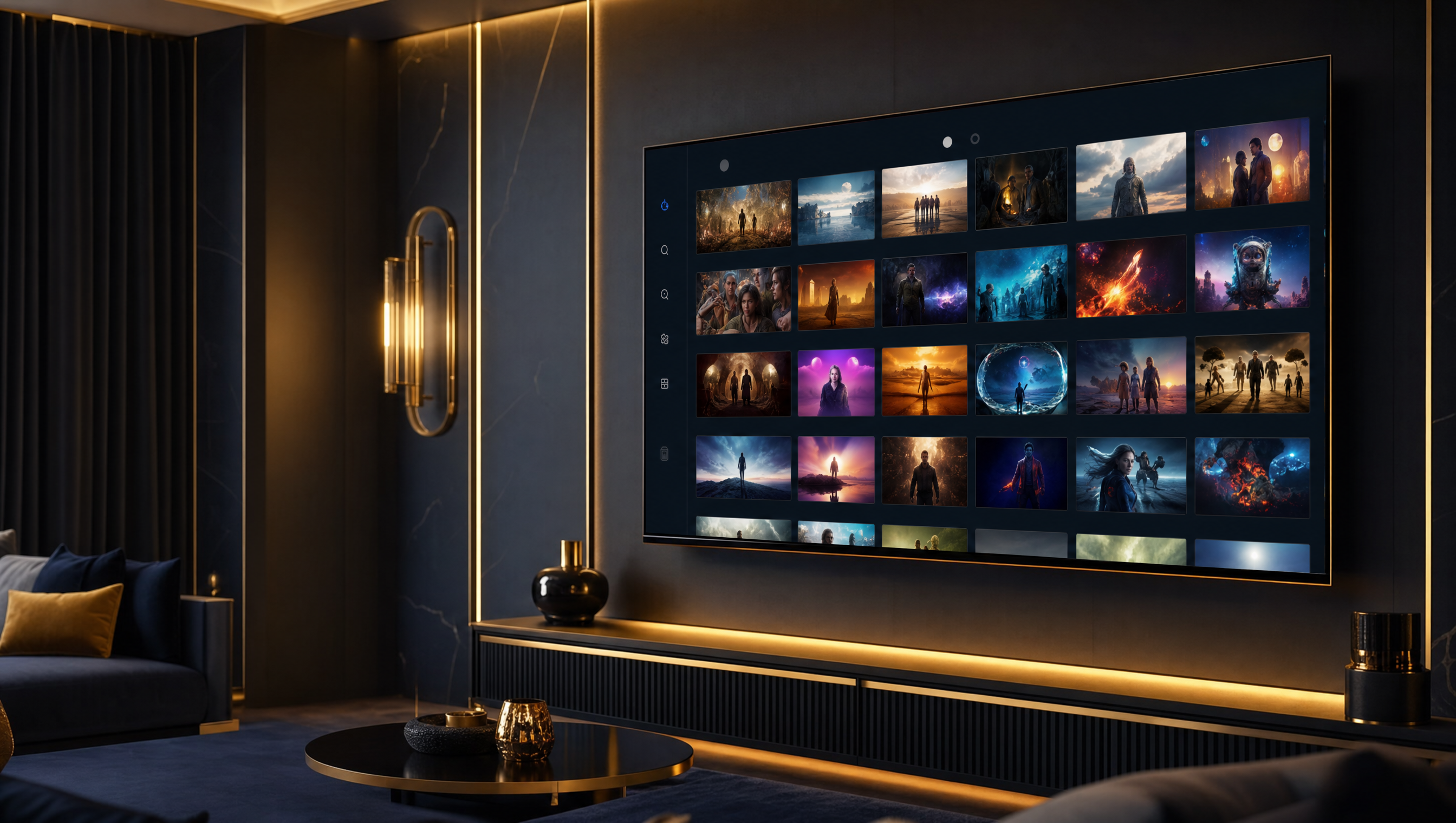 Téléviseur Samsung Smart TV sous Tizen affichant l'application Strong 8K en 4K dans un salon suisse